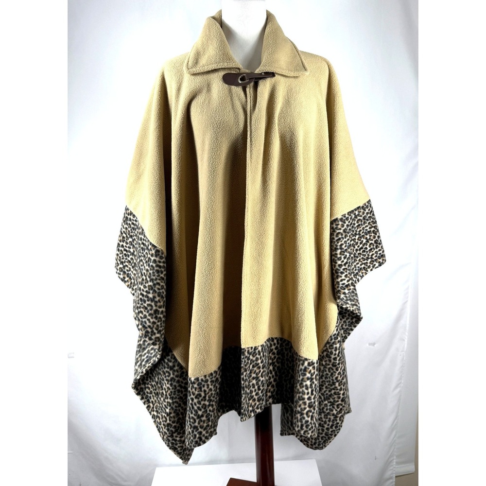 Le Moda Camel Color Fleece Cape Poncho Leopard Print‎ Trim Mob Wife Retro Chic